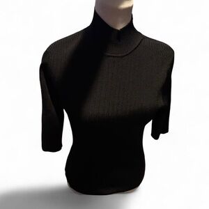 Cache Vintage Black Ribbed Knit Mock Neck Back Cutout Top Size Large NWT